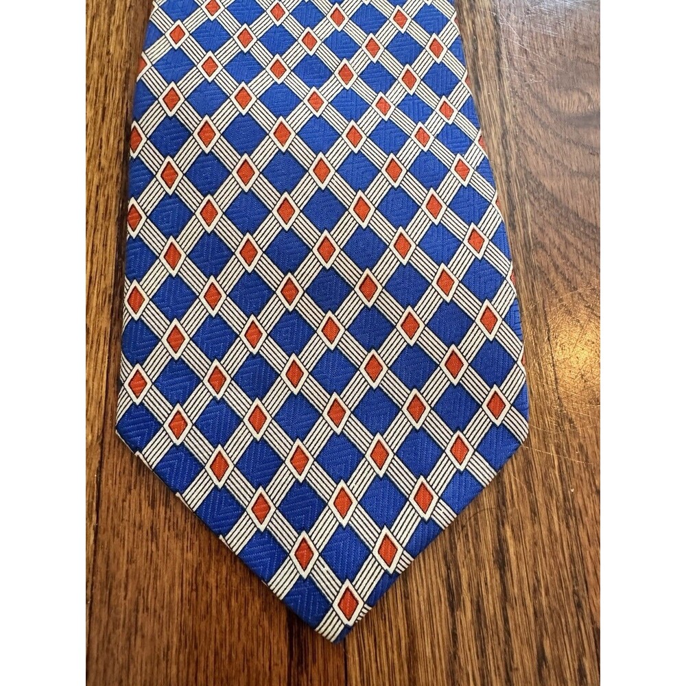 Vintage MUSEO Hand Made Silk Tie Blue Orange Geometric Grid Pattern Mens Necktie